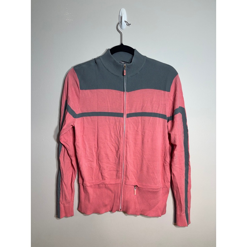 DKNY Golf Womens Full Zip Sweater Pink Grey Colorblock Ribbed‎ Knit Size M